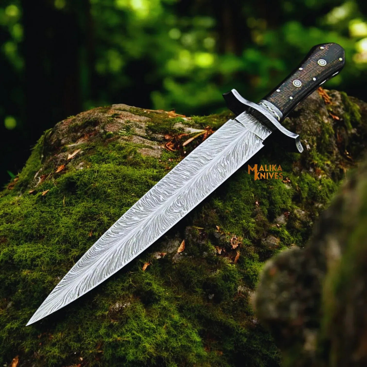 MALIKA KNIVES simple Feather Damascus Bowie Knife G10 Handle Leather Sheath