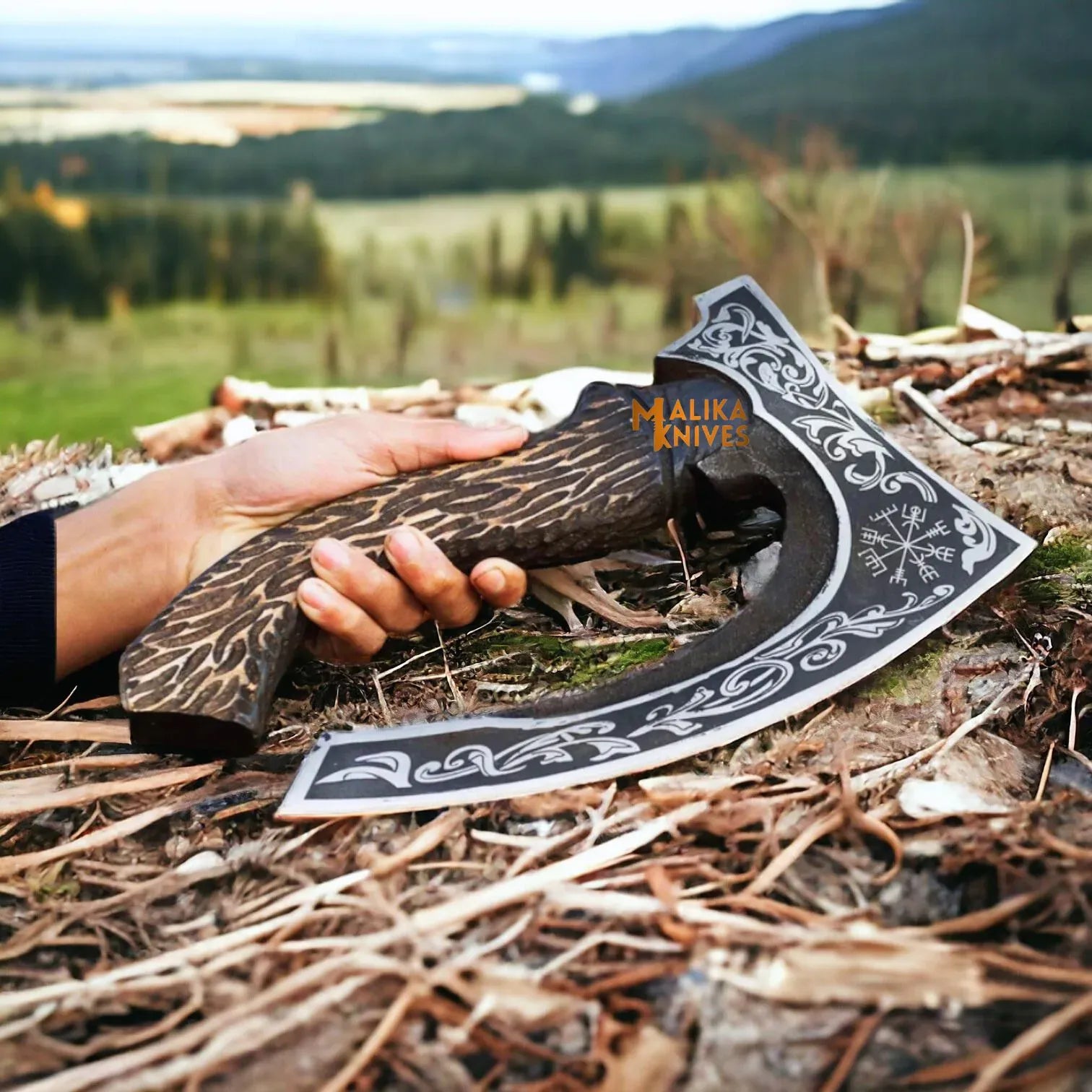 MALIKA KNIVES simple Vegvisir Viking Pizza Cutter Axe-Handforged Axe with Leather Sheath-1301
