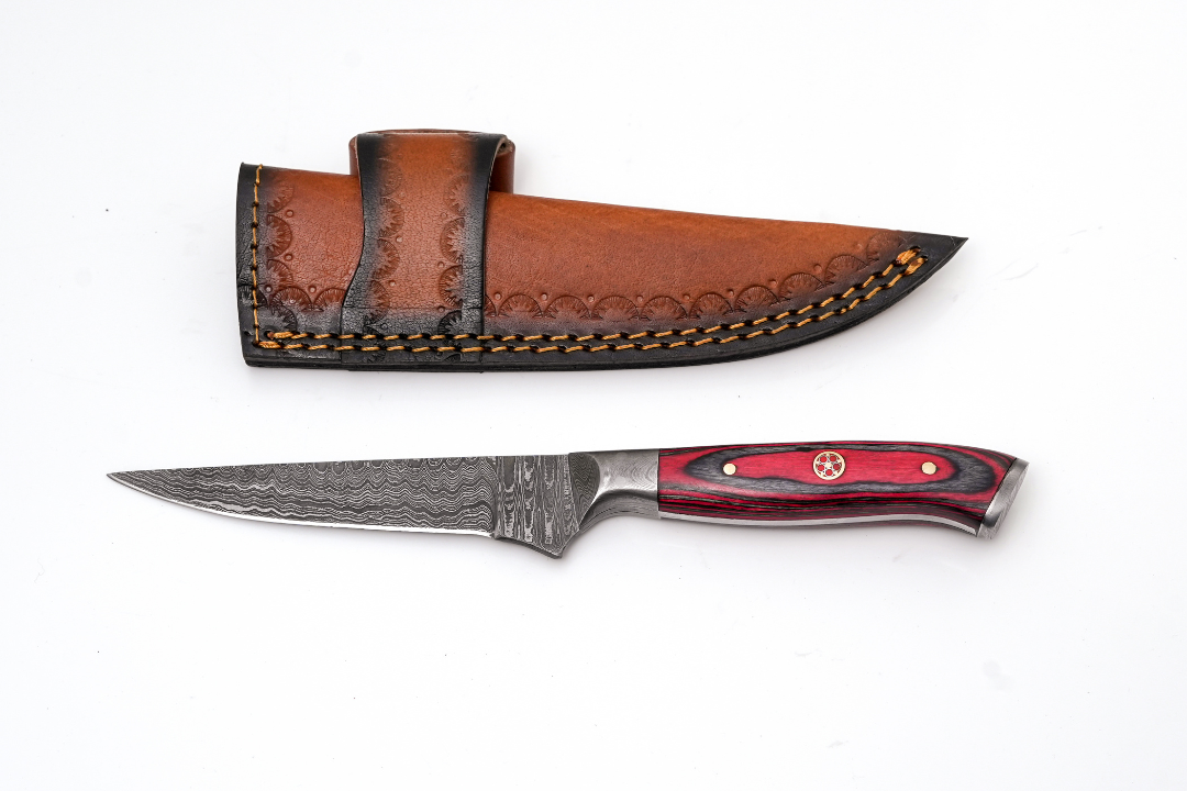 Hand-Forged Damascus Steel Skinning Knife | Red Pakkawood Handle & Mosaic Pin - TK-448