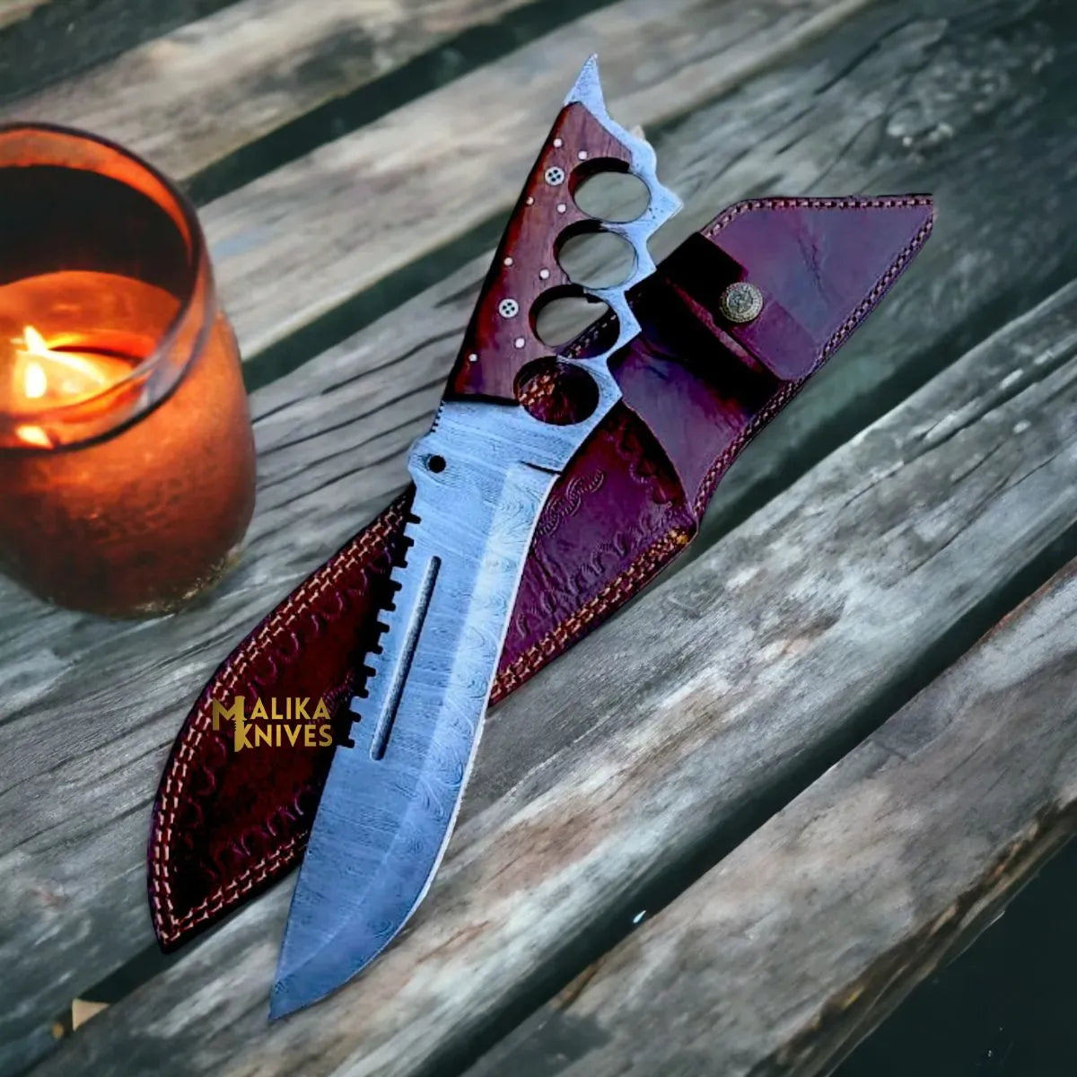 MALIKA KNIVES simple Damascus Knuckle Bowie Knife Rosewood Full Tang
