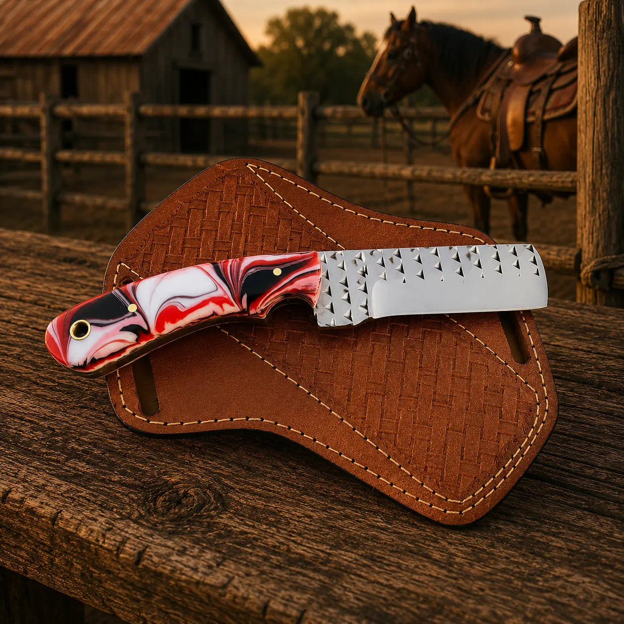 Ironcrest Bull Cutter Knife – Rasp Steel, Resin Handle & Leather Sheath