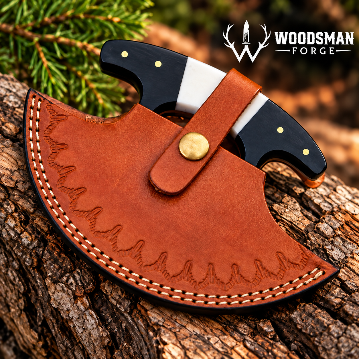 Bonehorn Northcrest™ Damascus Ulu Knife with Camel Bone & Buffalo Horn Handle