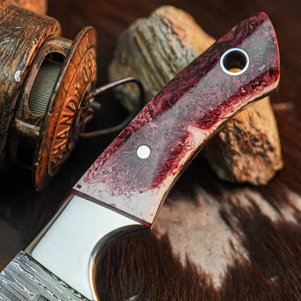 9.1" Handmade Damascus Hunting Knife – Full Tang Resin Handle