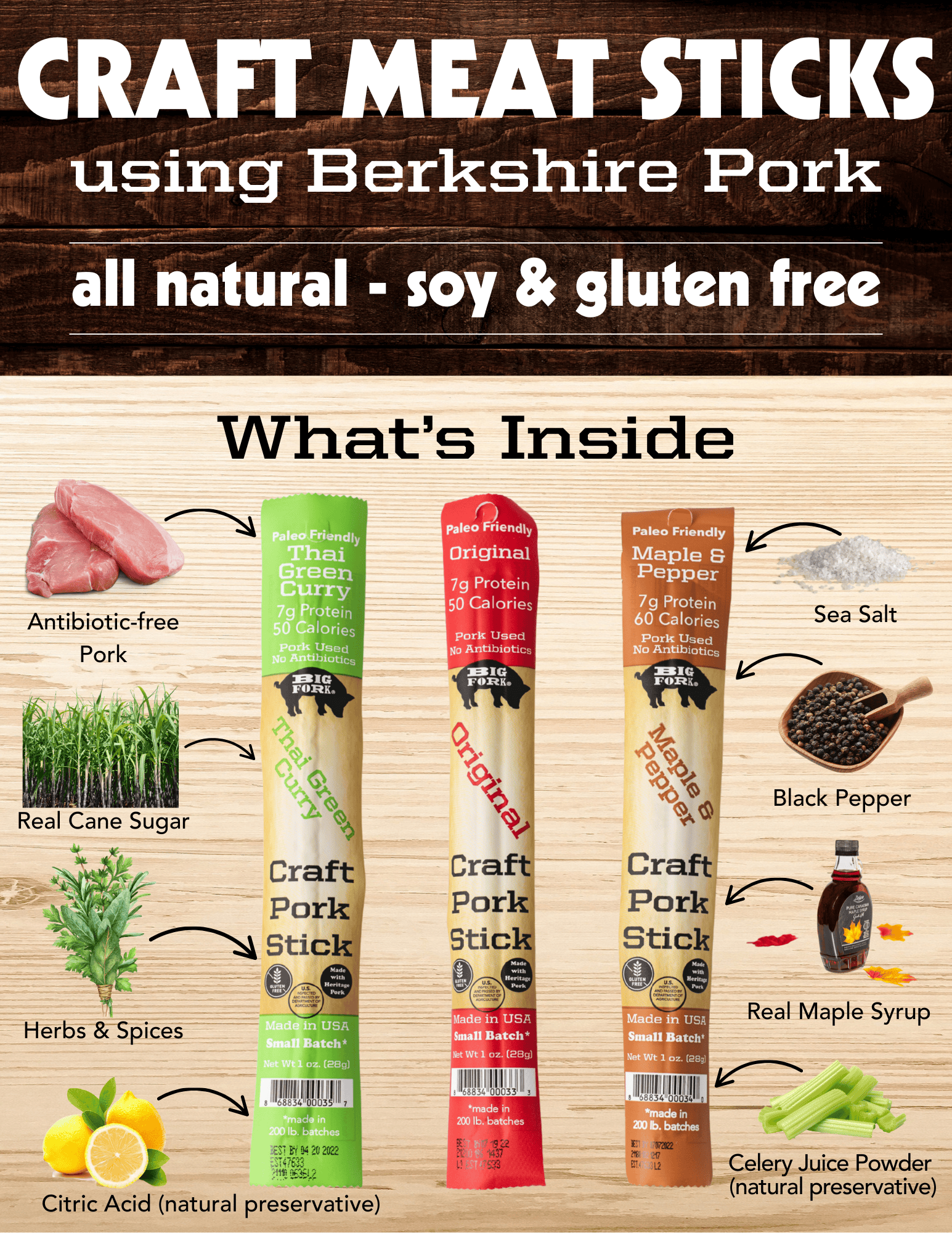 Big Fork Brands Pork Sticks Craft Pork Snack Stick Sampler (3 sticks total)
