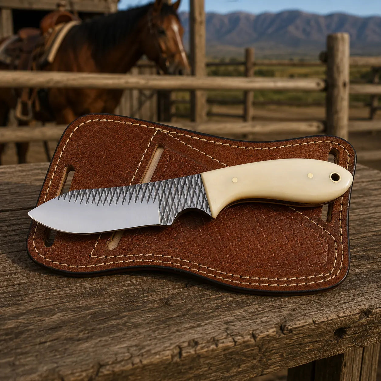 Boneforge Rasp Steel Bone Handle Skinner Knife – Leather Sheath