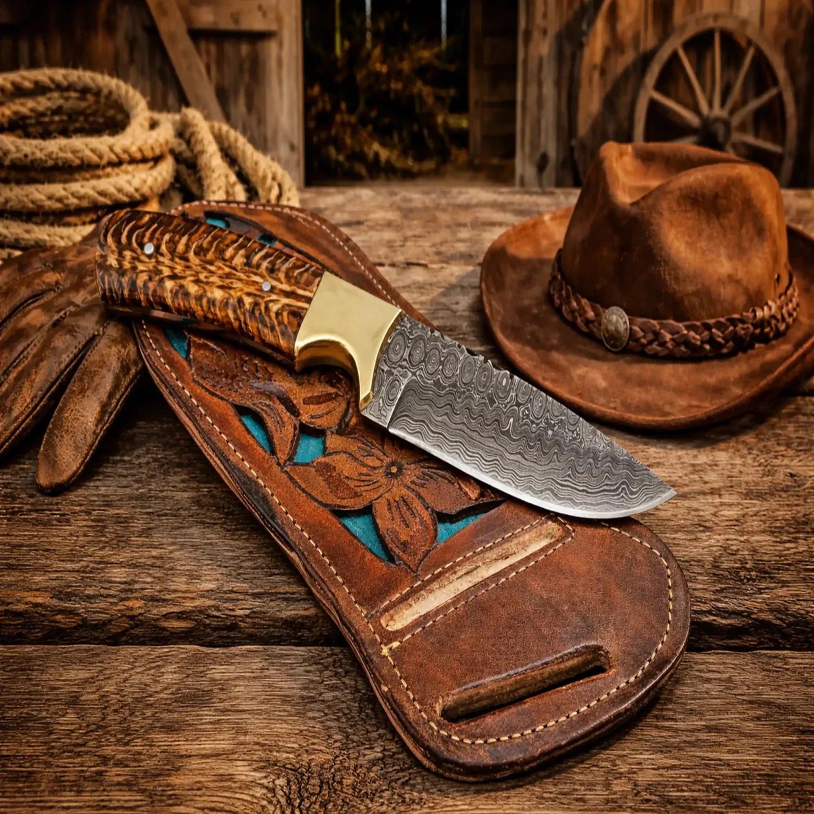 SHAM KNIVES Cowboy Knife Cowboy Belt Knife - 8” Damascus Steel Blade Pine Cone Resin Handle