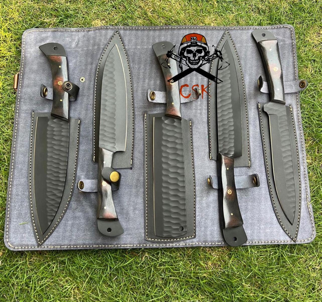 cskforged 5 pieces custom made d2 steel Black coated chef knives set