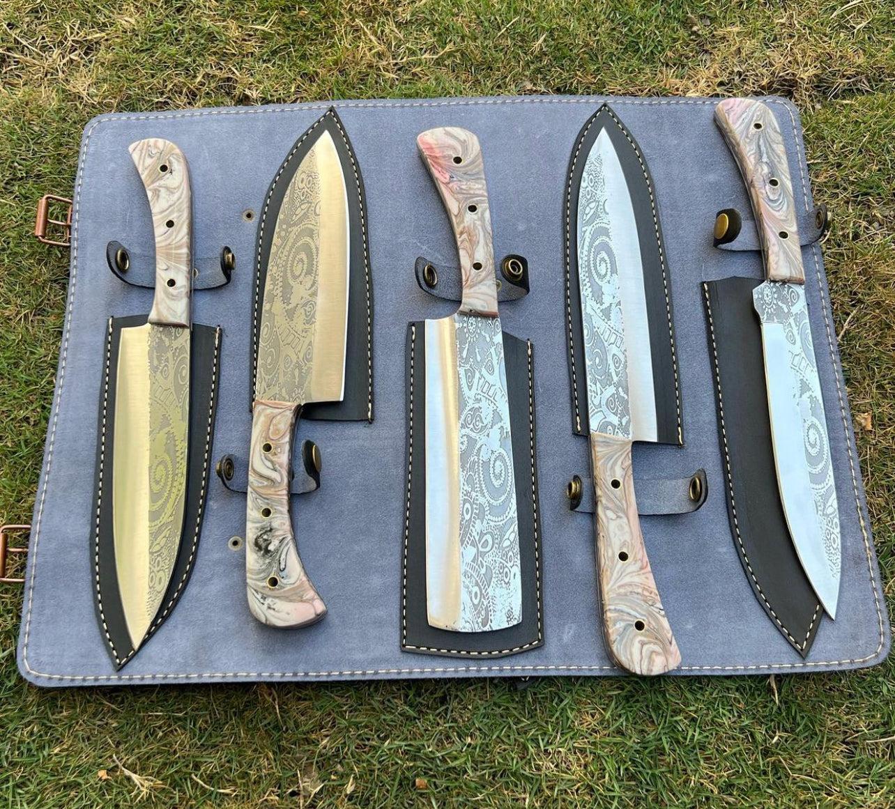 cskforged 5 pieces Custom made D2 steel laser Etched Blades chef knives set