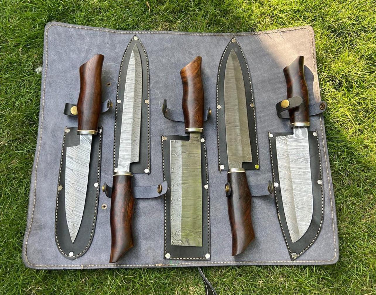 cskforged 5 pieces custom made Damascus steel chef knives set