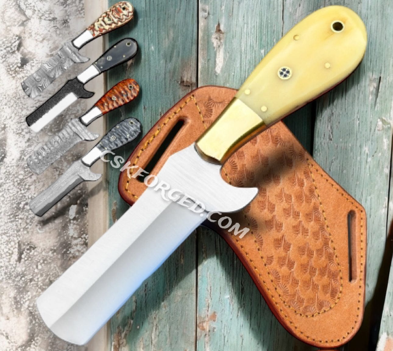cskforged 99.99 / 97.99 / 92.99 7" Handmade  Camel Bone Handle Cowboy Bull cutter knife with leather sheath