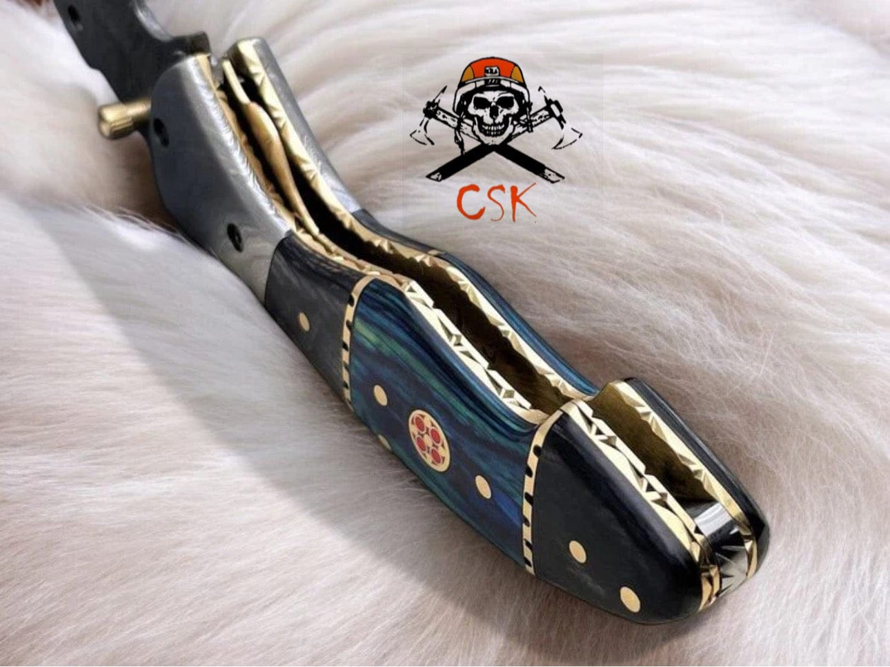 cskforged Blue Blaze Damascus Pocket Knife With Leather Pouch