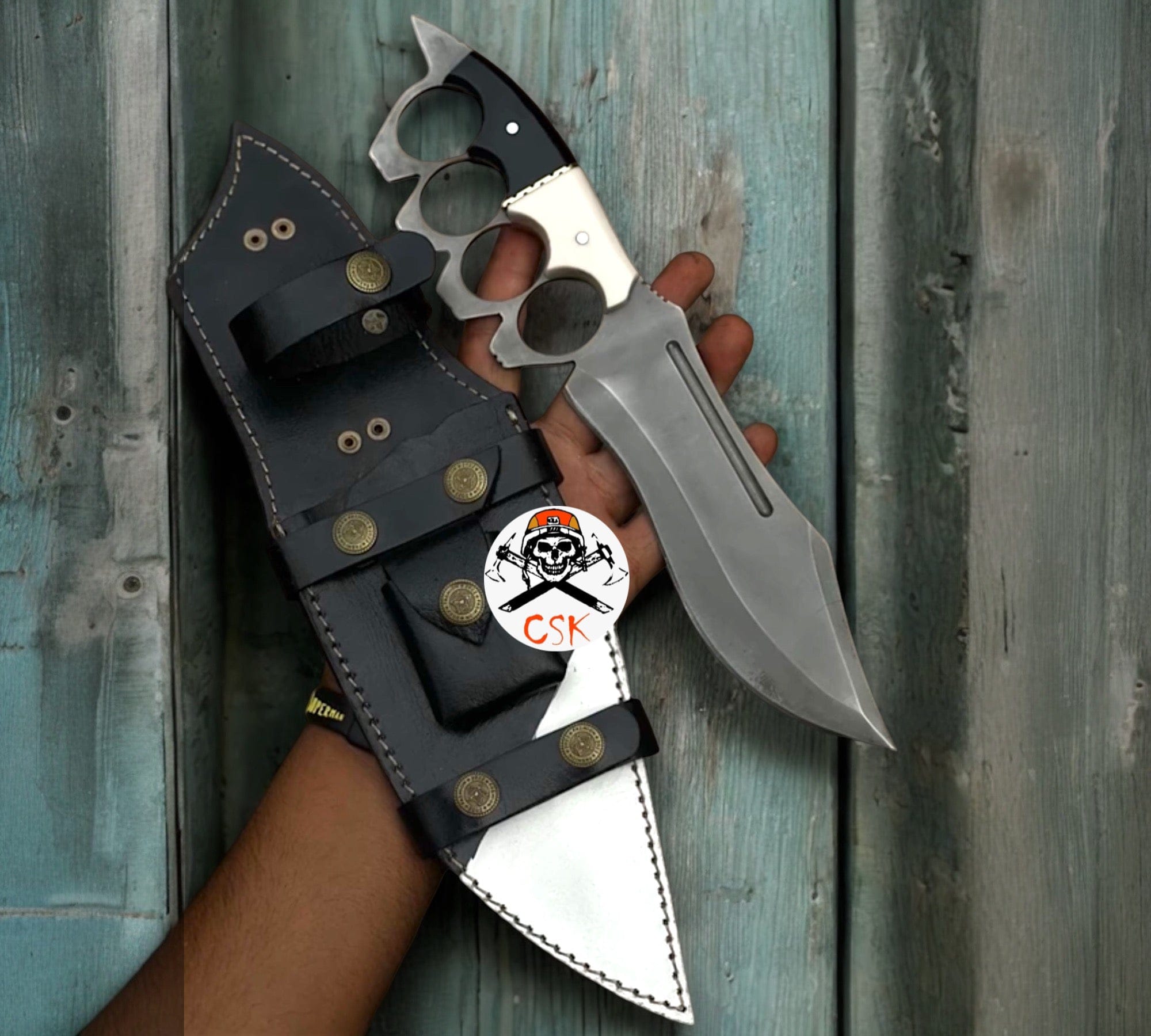 cskforged Camping knife D2 Knuckle Knife with Full Tang build & Black & White handle