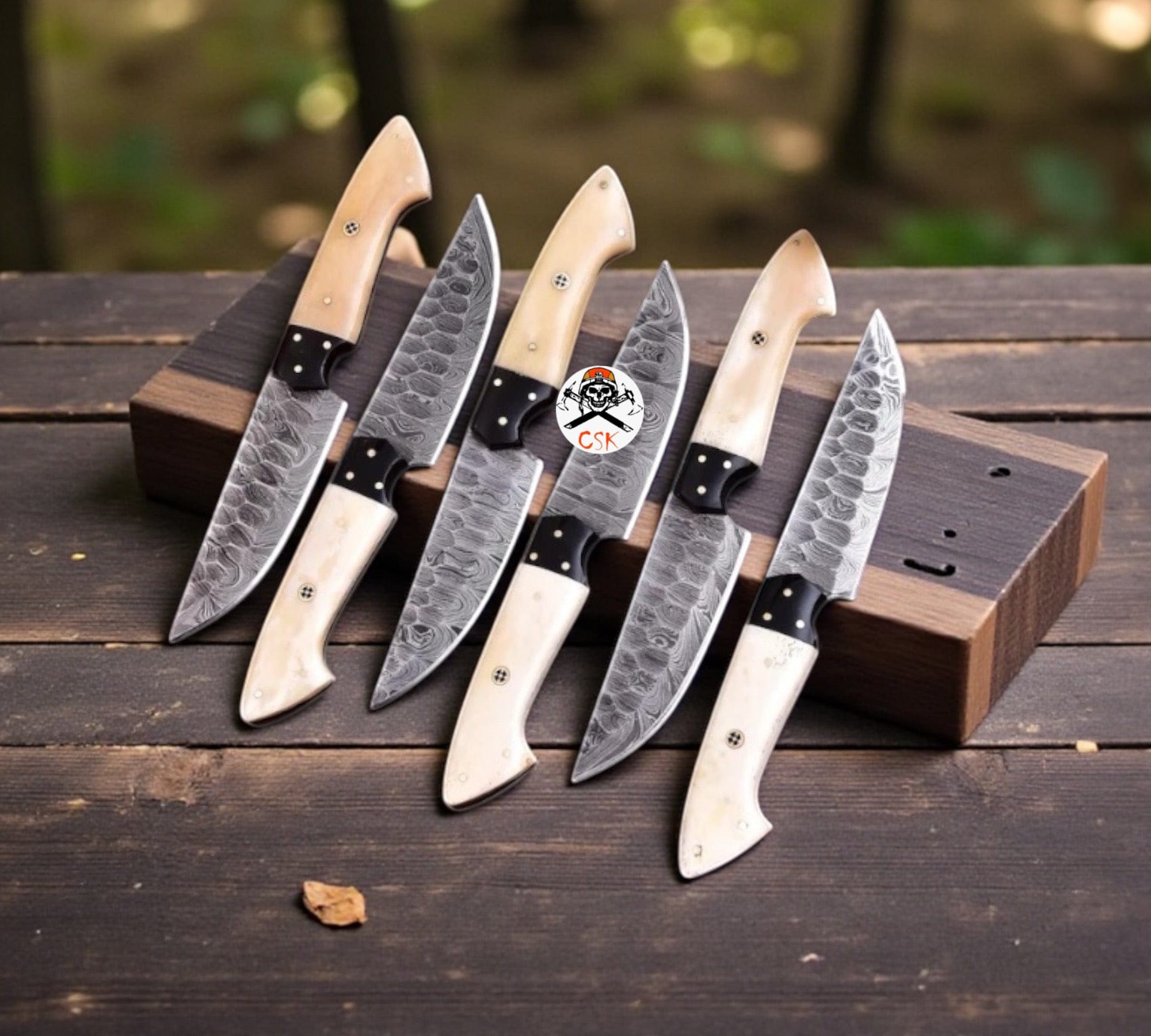 cskforged Chef knife Bone Handle Steak Knifes Set - Premium Damascus Blades with Leather Roll Kit