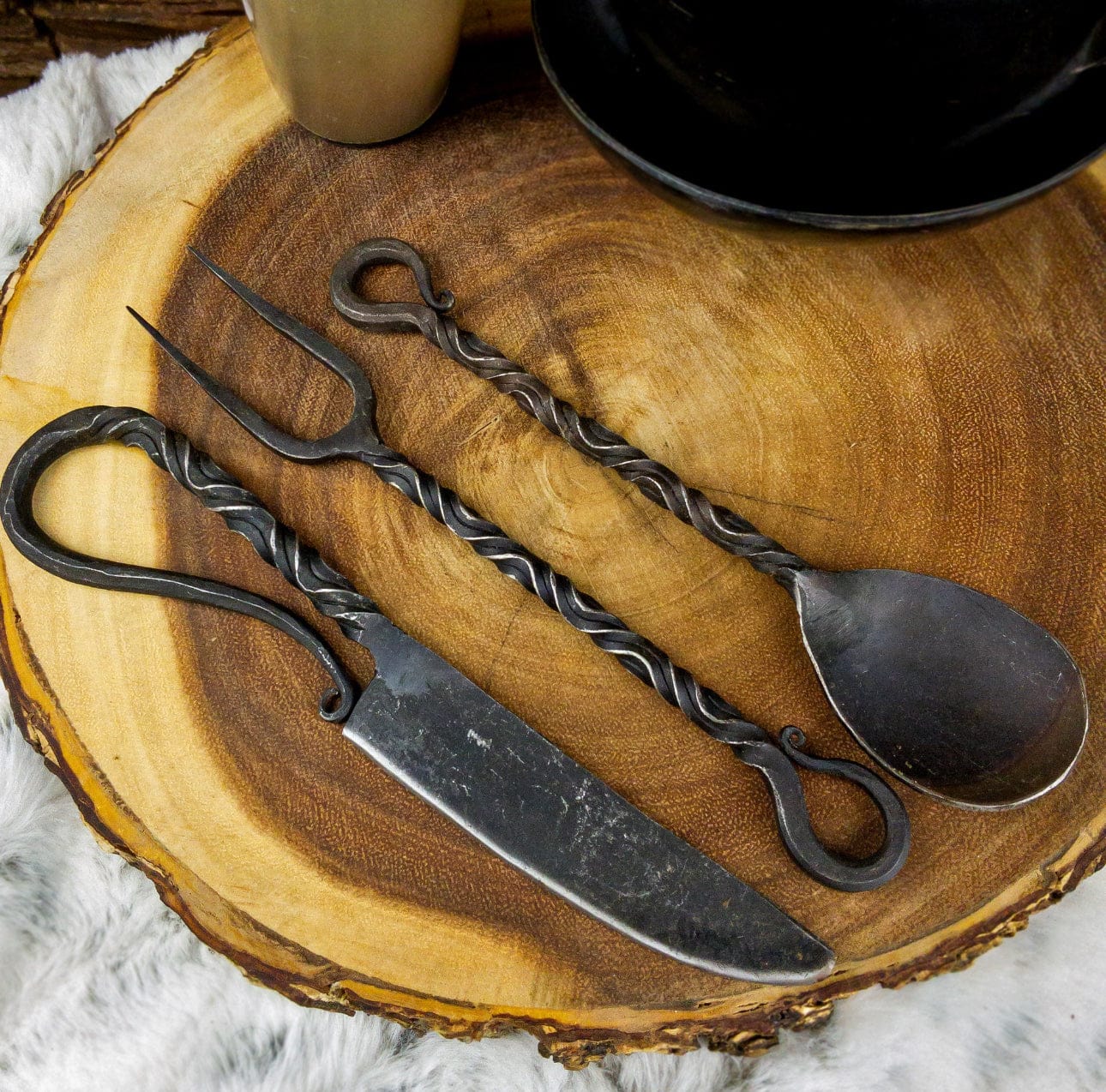 cskforged Chef knife Emperor's Banquet 3PC Iron Silverware Set - Medieval Inspired Natural Iron Fork, Spoon, and Knife Cutlery Set for Camping & Reenactment