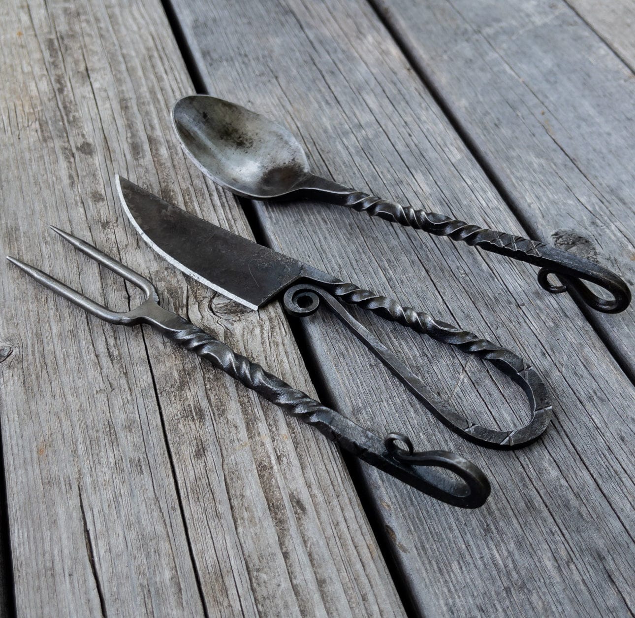 cskforged Chef knife Fireside Feast 3PC Iron Silverware Set - Medieval Inspired Natural Iron Fork, Spoon, and Knife Cutlery Set for Camping & Reenactment