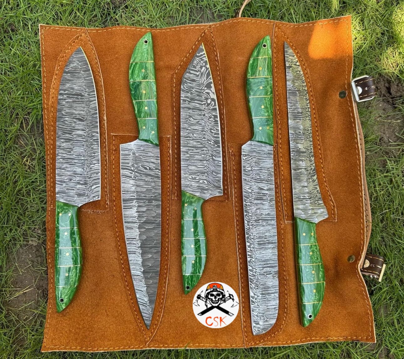 cskforged Chef knife Hand-Forged Damascus Steel Knife Set with Green Resin Handles – Precision Crafted for Culinary Excellence