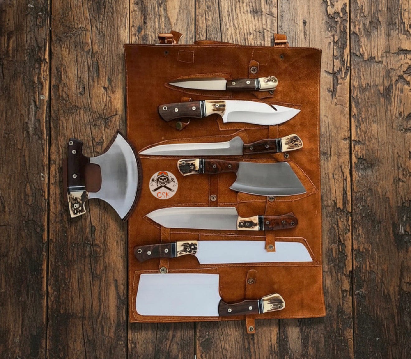 cskforged Chef knife Premium Outdoor Kitchen Knife Set | Hand-Forged Chef & Hunting Knives with Leather Roll – Camping & BBQ Ready