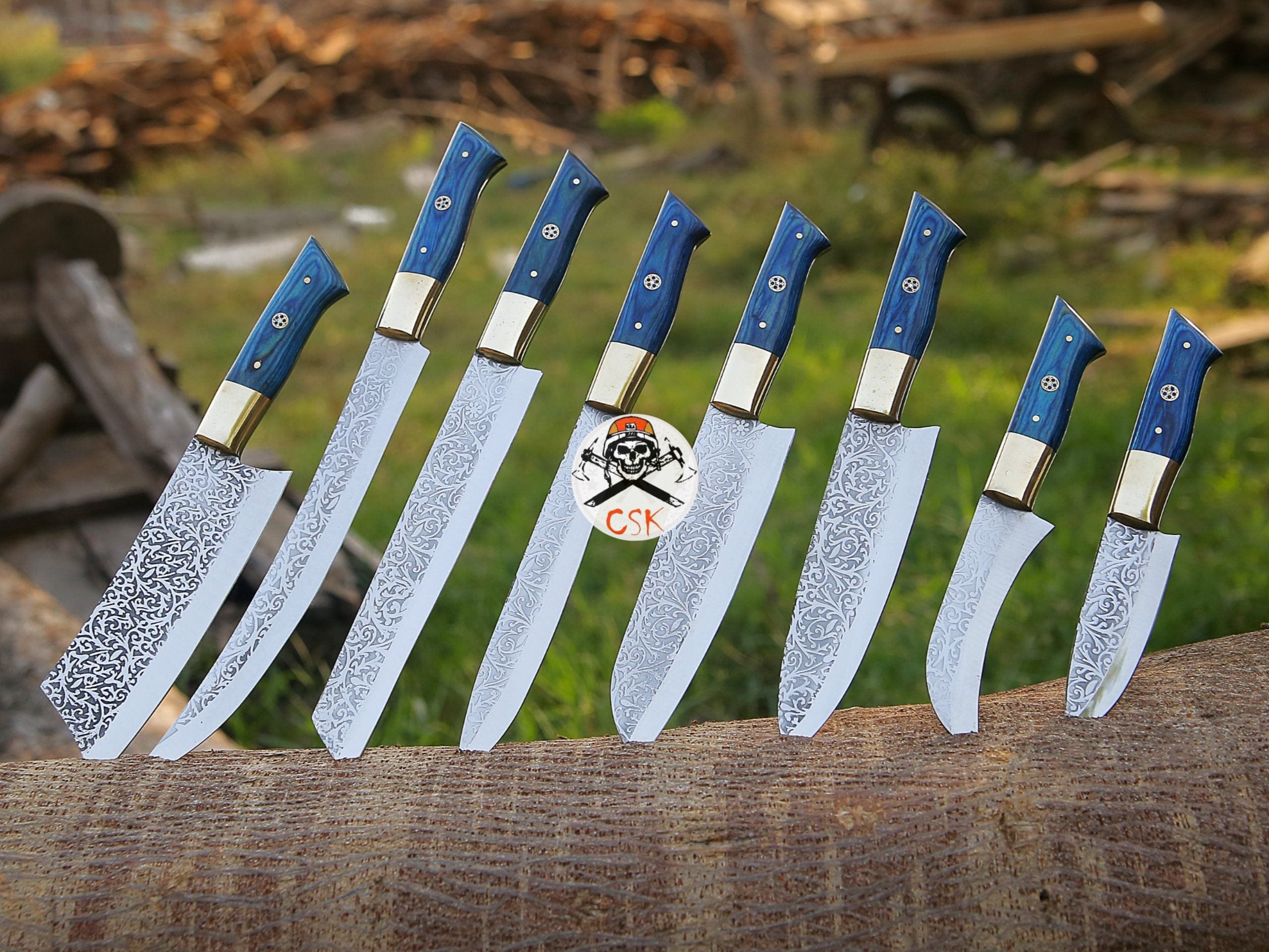 cskforged Chef knife Royal Blue Handle Etched Chef Knives Set