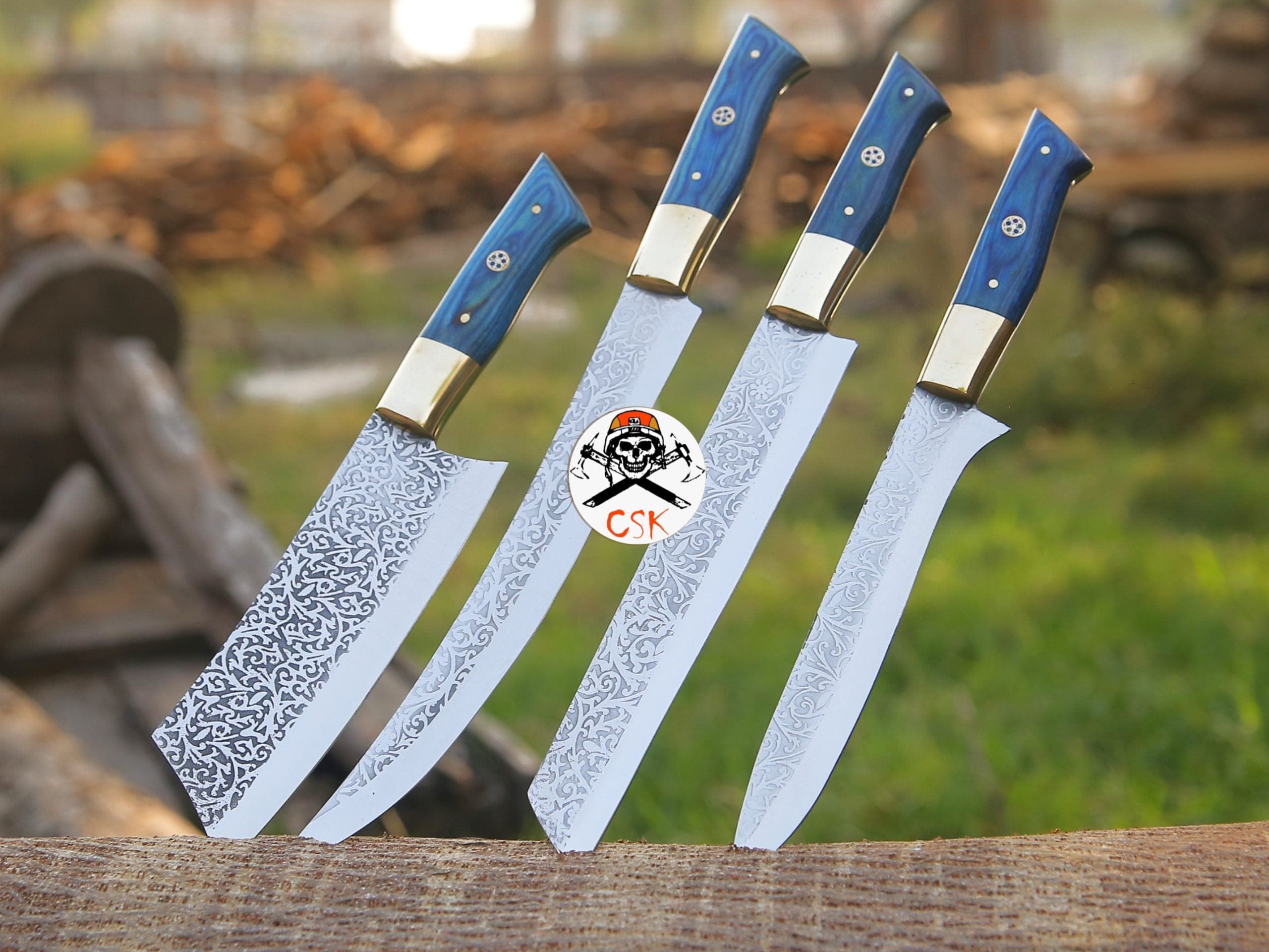 cskforged Chef knife Royal Blue Handle Etched Chef Knives Set