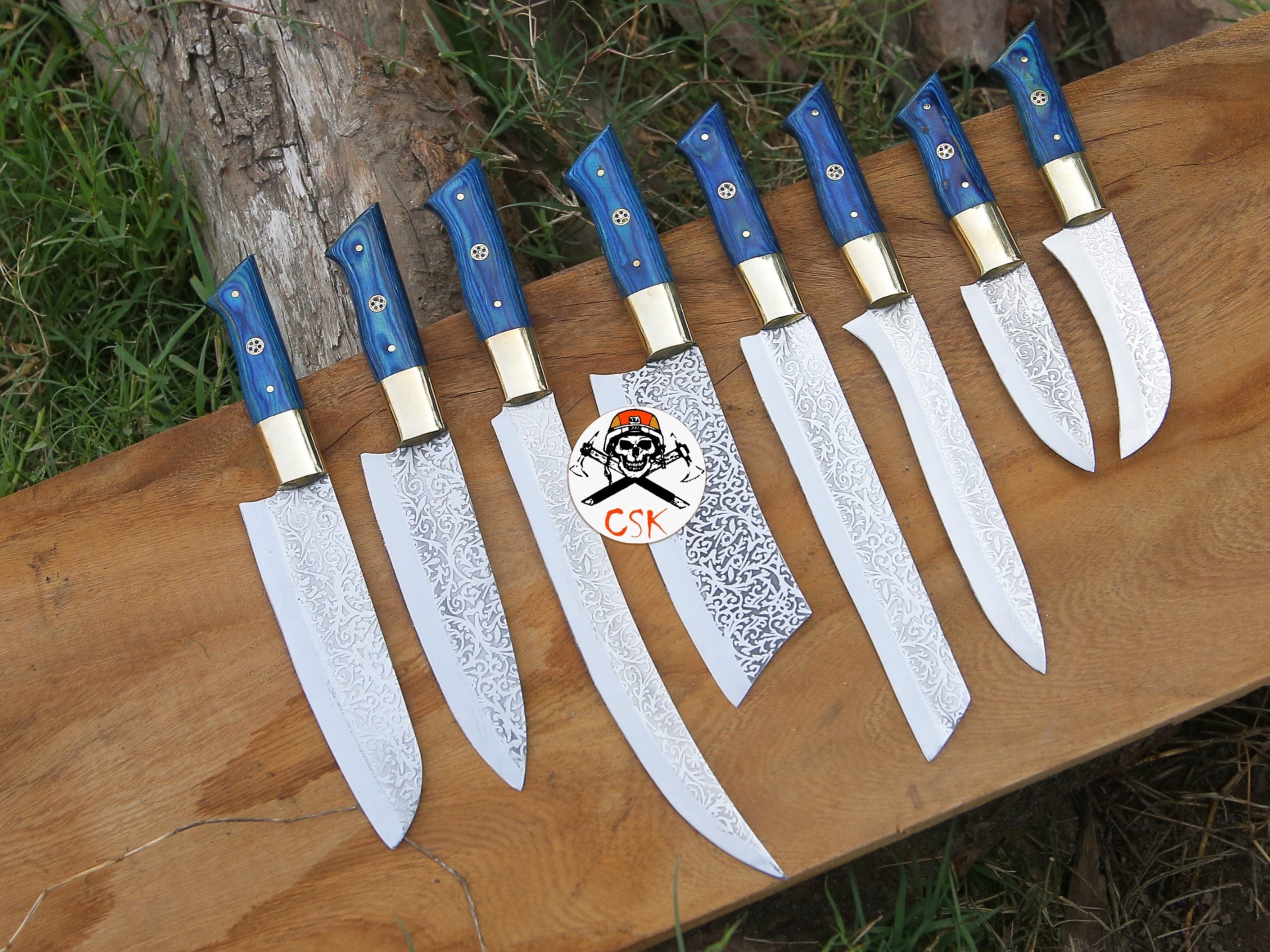 cskforged Chef knife Royal Blue Handle Etched Chef Knives Set