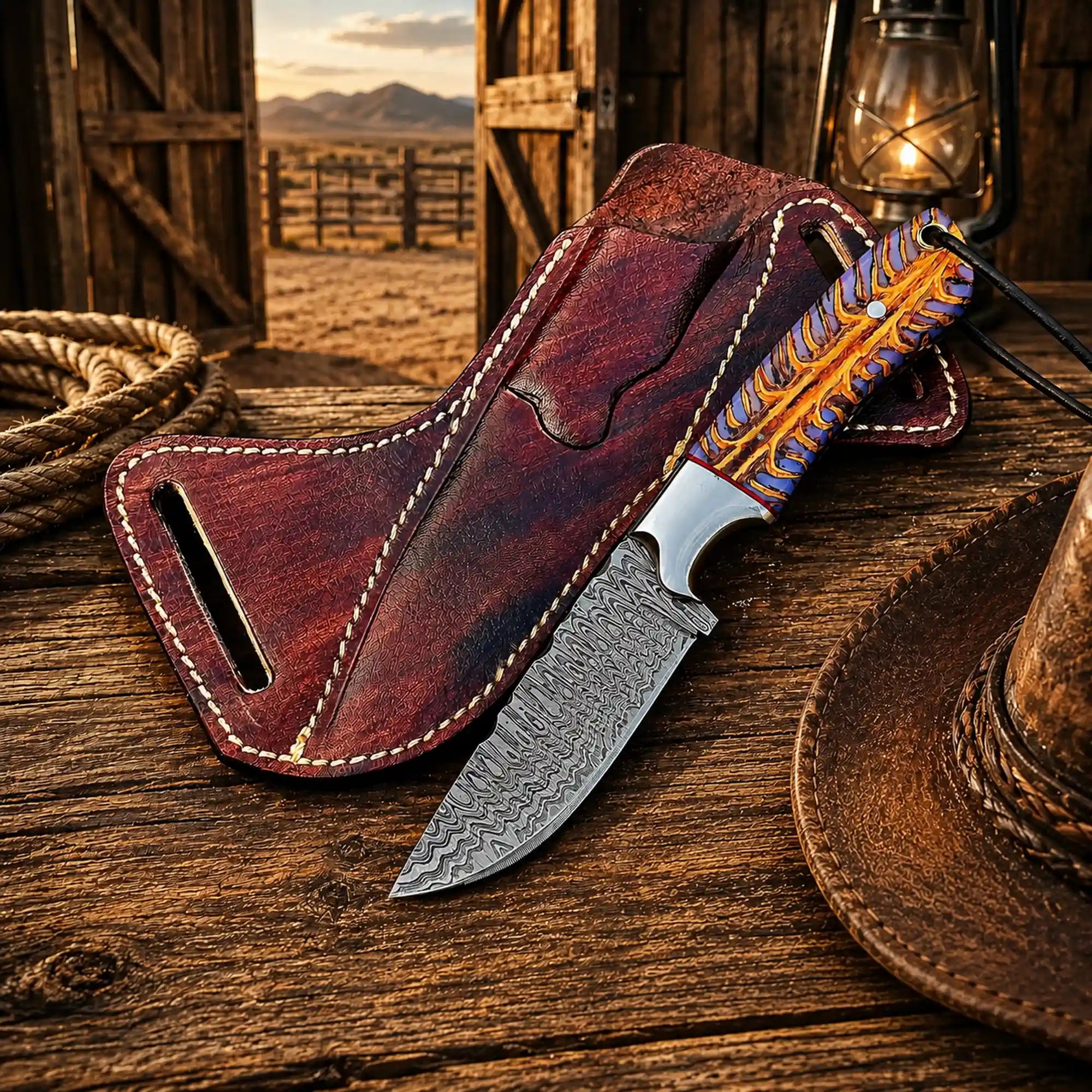 cskforged Cowboy knives Back Belt Sheath Knife – 4" Damascus Steel Pinecone Handle