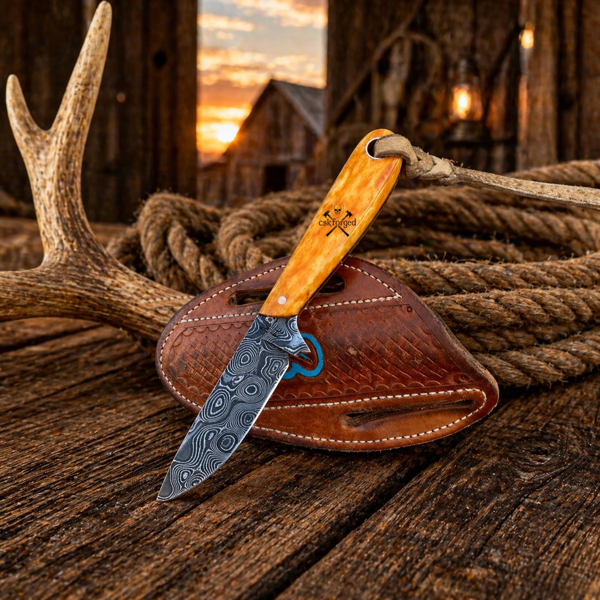 cskforged Cowboy knives Buckaroo Sheath Knife - 3.5” Damascus Steel Blade & Burnt Bone Handle