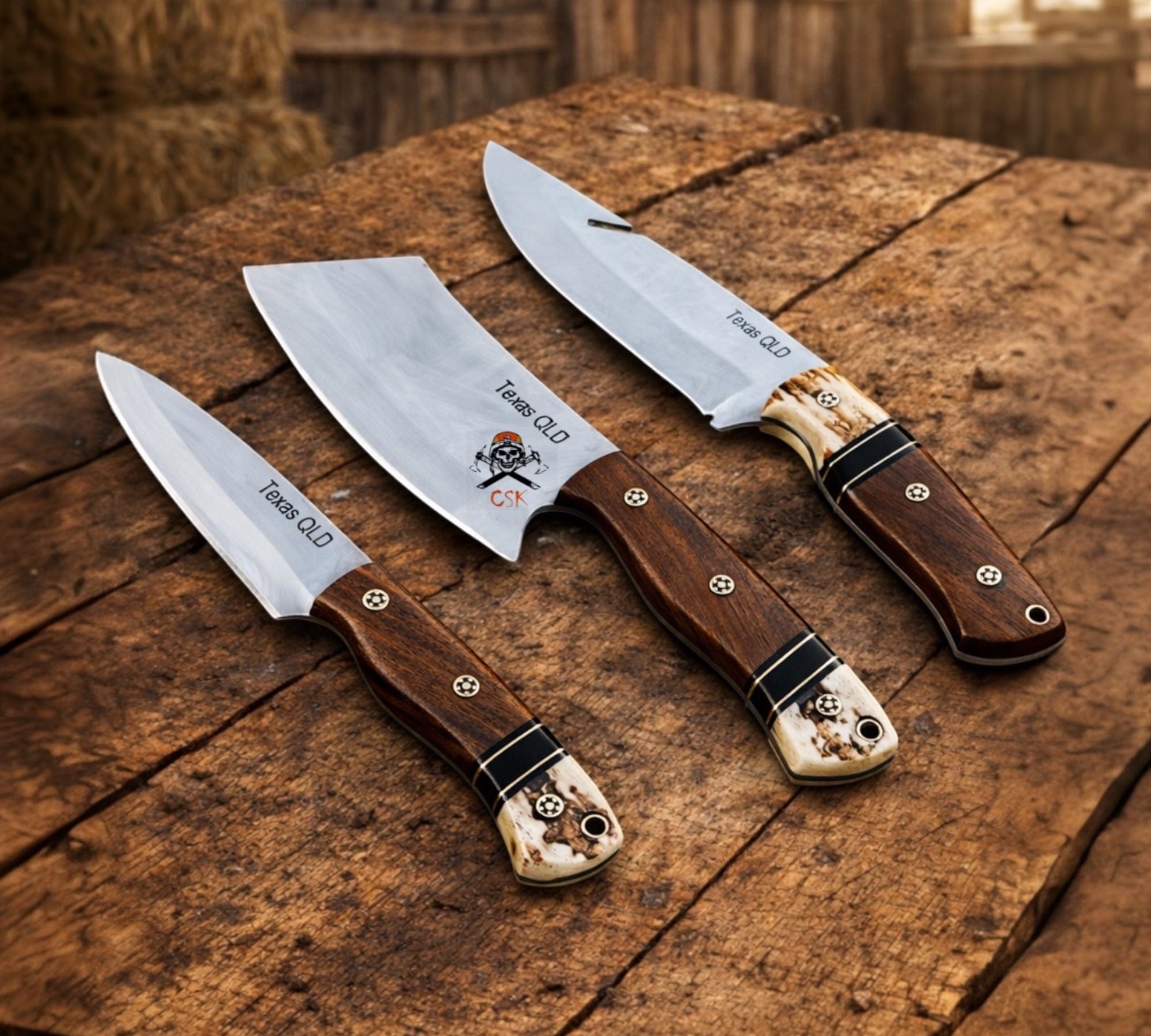 cskforged Cowboy knives Cowboy Hunting Set – D2 Steel Blades Rosewood & Antler Handle With Belt Kit
