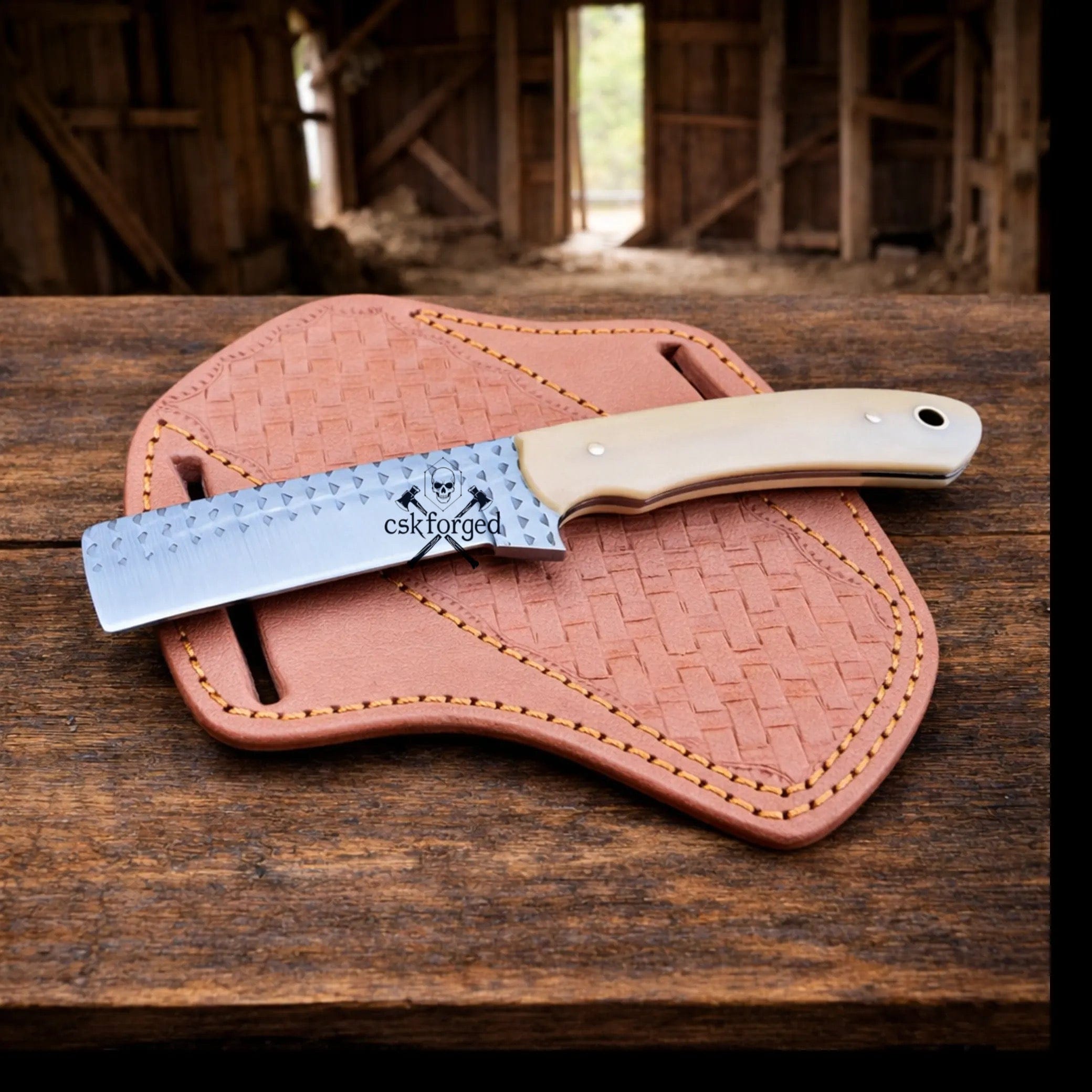 cskforged Cowboy knives Cowboy Knife Rasp Steel Blade Bone Handle with Pancake Sheath