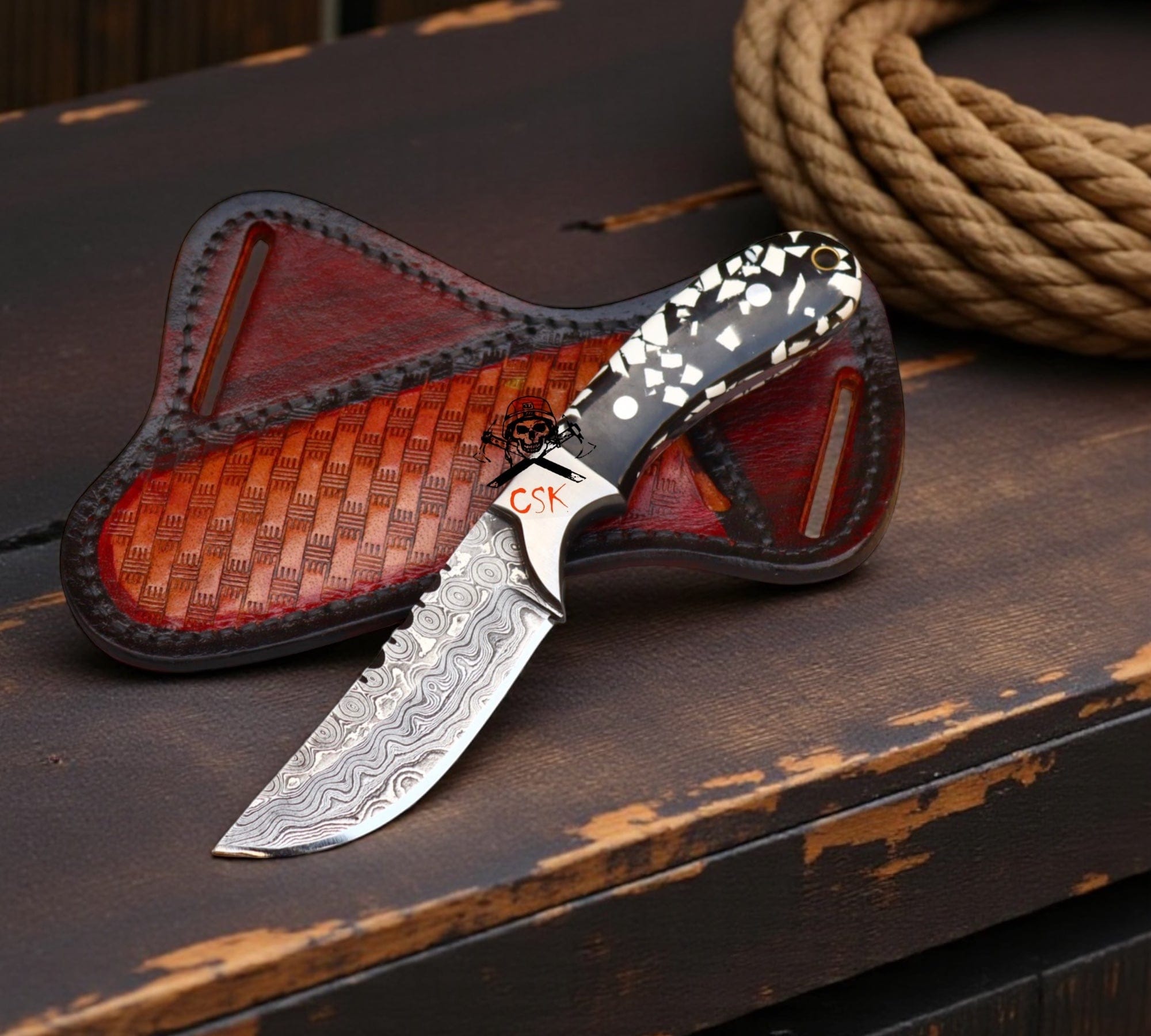 cskforged Cowboy knives Rancher’s Damascus Belt Knife – 4.25” Cowboy Skinner with Epoxy Resin Handle