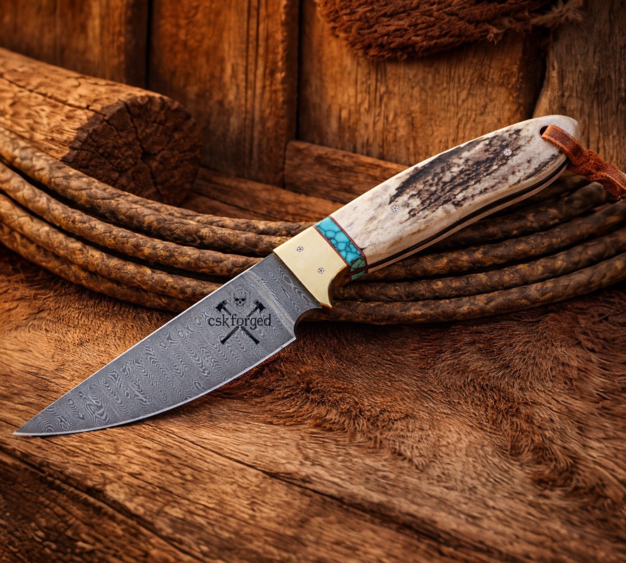 cskforged Cowboy knives The Last Buckaroo Knife - 4” Damascus Blade with Antler & Turquoise Handle
