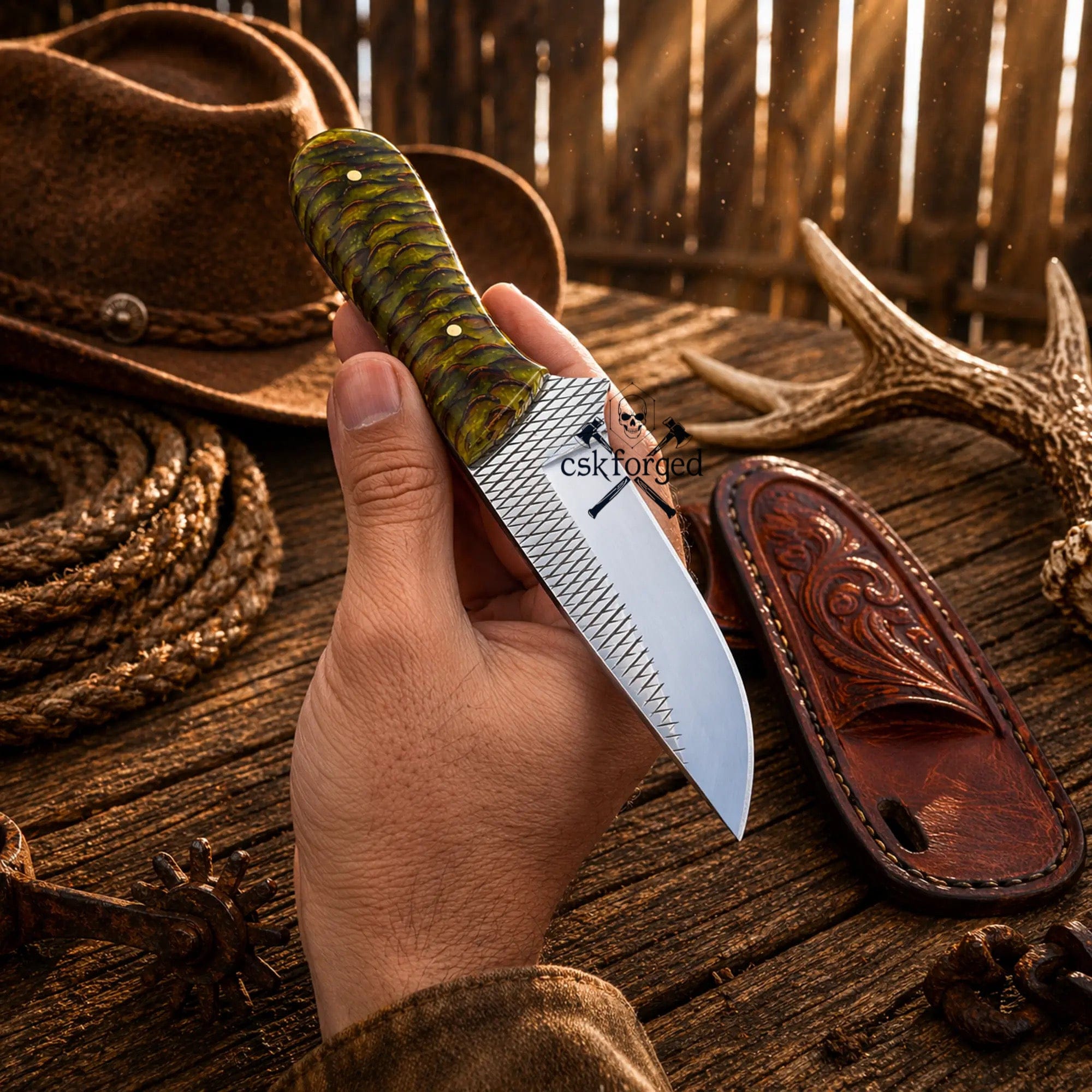 cskforged Cowboy knives Western Cowboy Knife - 3.5” Rasp Tool Steel Blade with Pine Cone Handle