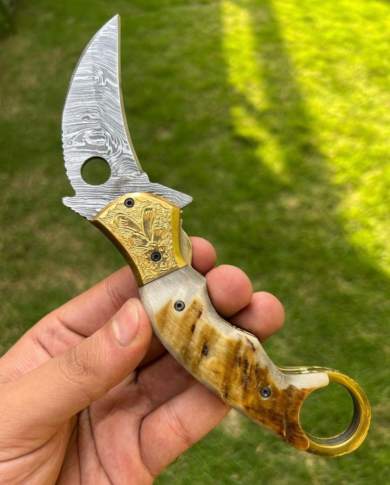 cskforged Custom Handmade Damascus Folding Pocket Knife With Karambit Design