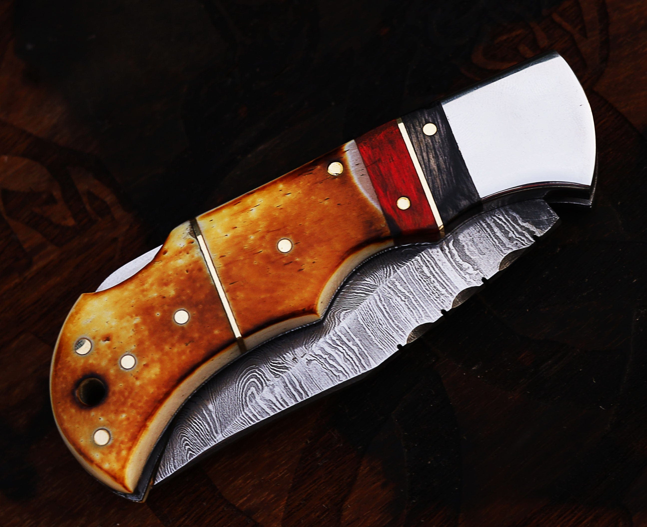 cskforged Damascus folding DAMASCUS POCKET KNIFE, HANDMADE FOLDING KNIFE, MADE OF BURNT CAMEL BONE