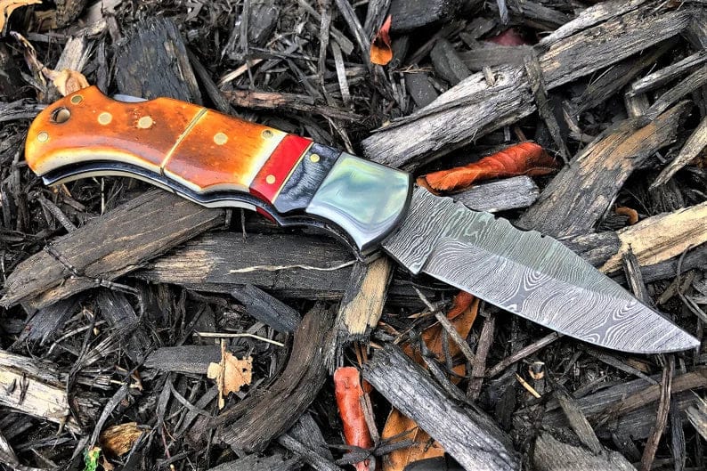 cskforged Damascus folding DAMASCUS POCKET KNIFE, HANDMADE FOLDING KNIFE, MADE OF BURNT CAMEL BONE