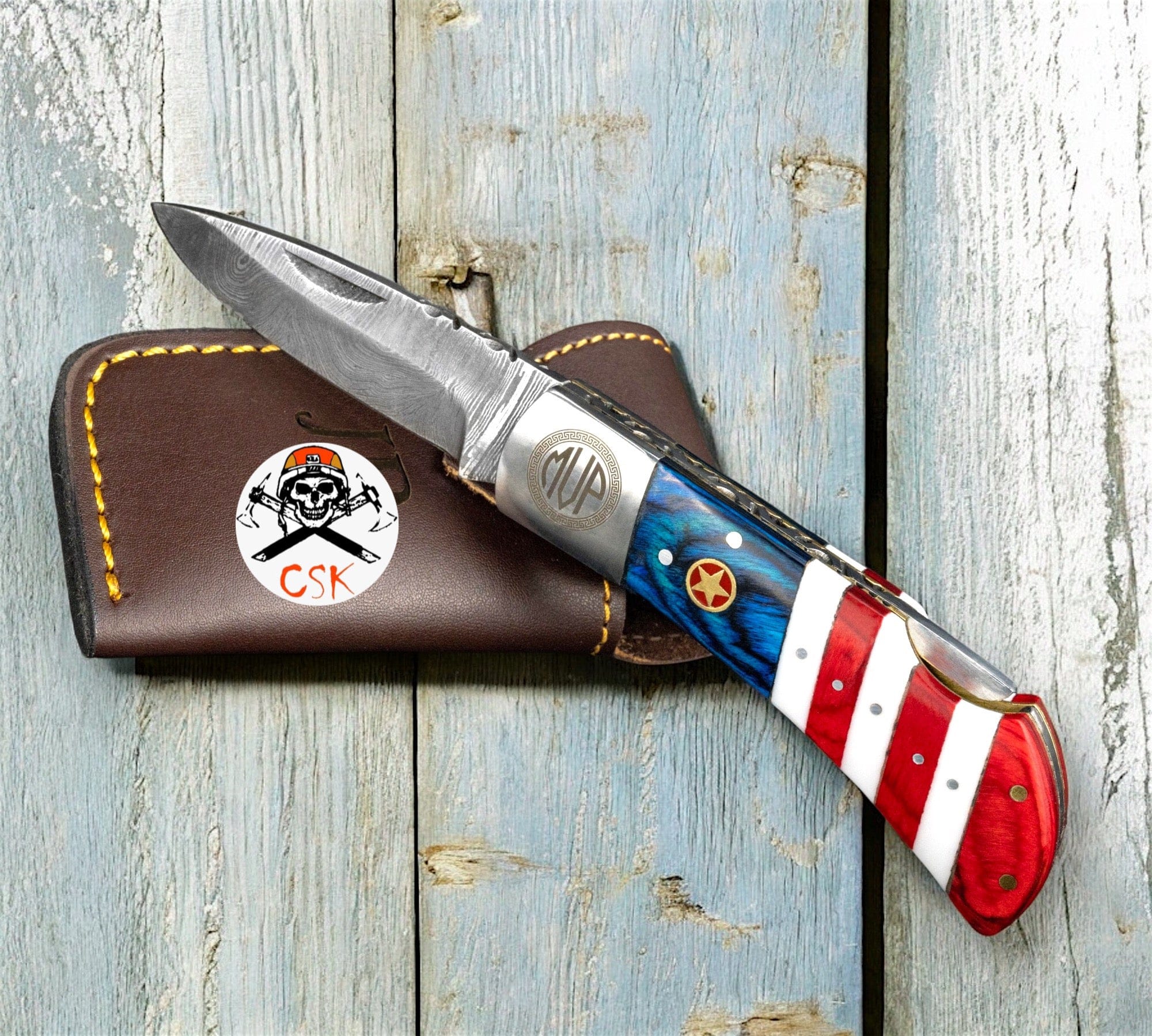 cskforged Damascus folding Damascus Steel Flag Handle Pocket Knife