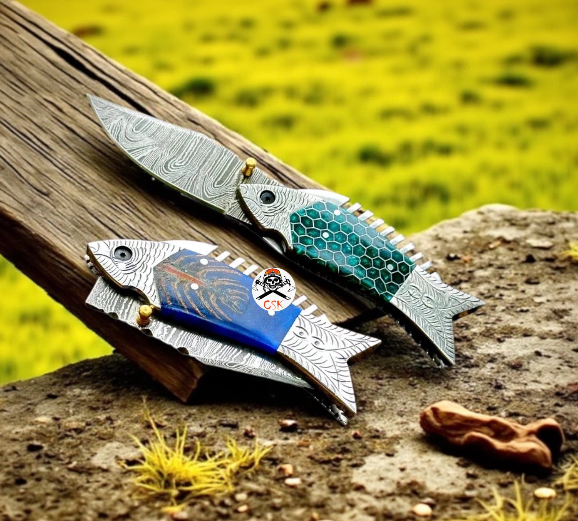 cskforged Damascus folding Fish Folding Pocket Knife Set 7" Damascus Steel Pocket Knife