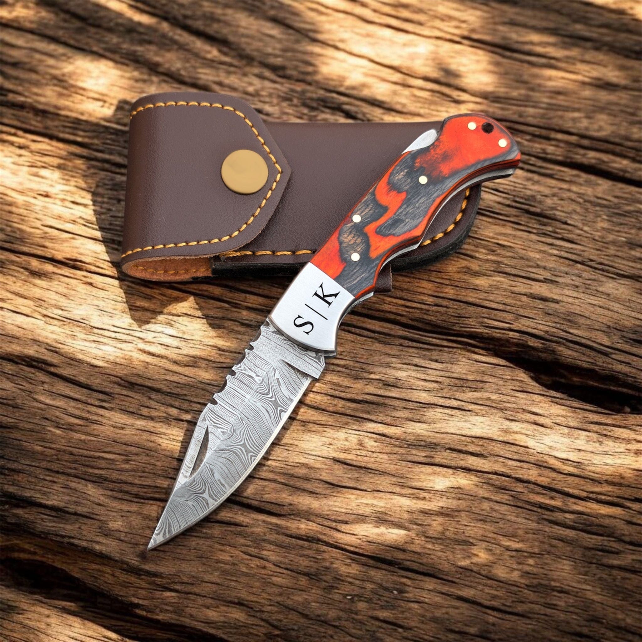 cskforged Damascus folding Handmade Damascus Steel Pocket Knife – Pakka Wood Handle Folding Knife with Leather Sheath