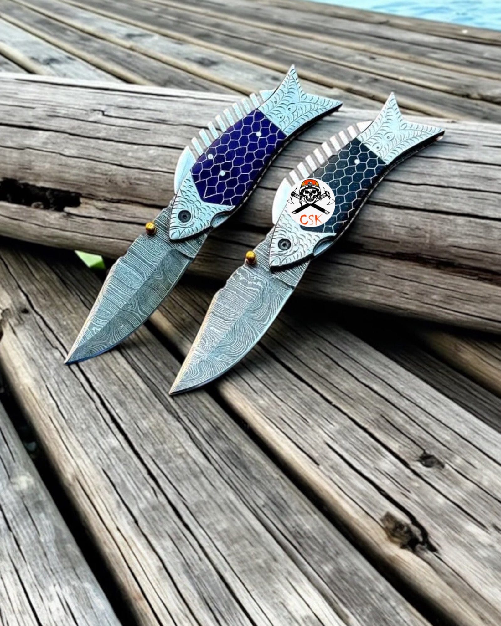 cskforged Damascus folding Honeycomb Handle Fish Folding Pocket Knife Set 7" Damascus Steel Pocket Knife