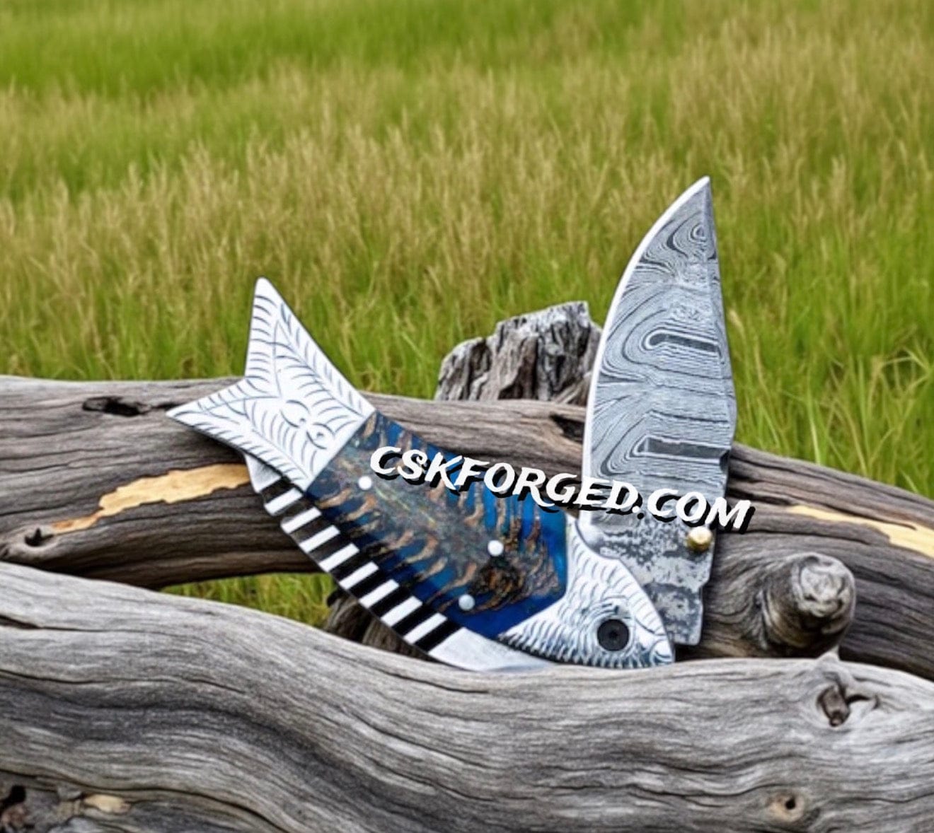 cskforged Damascus folding Pinecone Handle Fish Folding Pocket Knife 7" Damascus Steel Pocket Knife