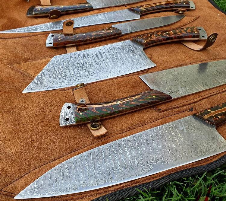 cskforged Damascus kitchen set 6 pieces custom made Damascus steel chef knives set