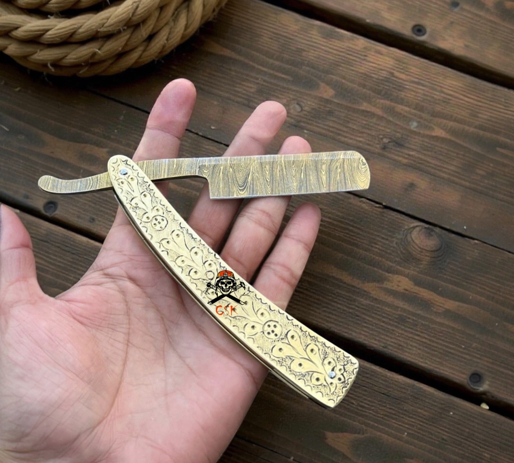 cskforged Damascus Razor Damascus Steel Straight Razor - Handmade Brass Engraved Barber Razor