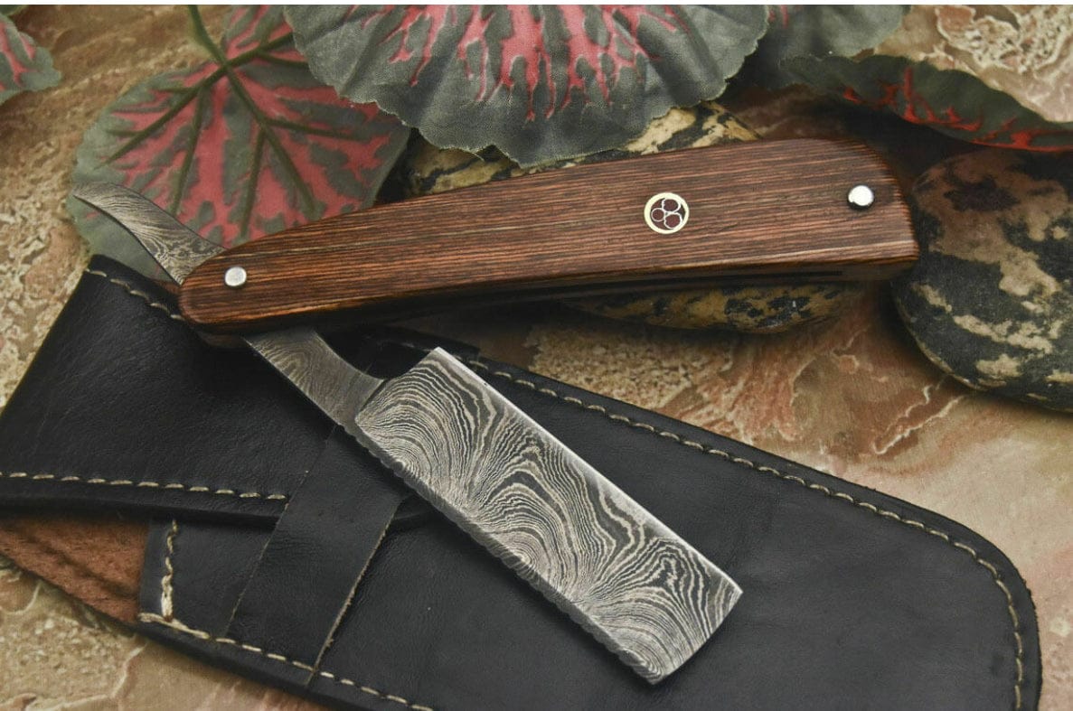 cskforged Damascus Razor Handmade Damascus Steel Razor With Leather Sheath