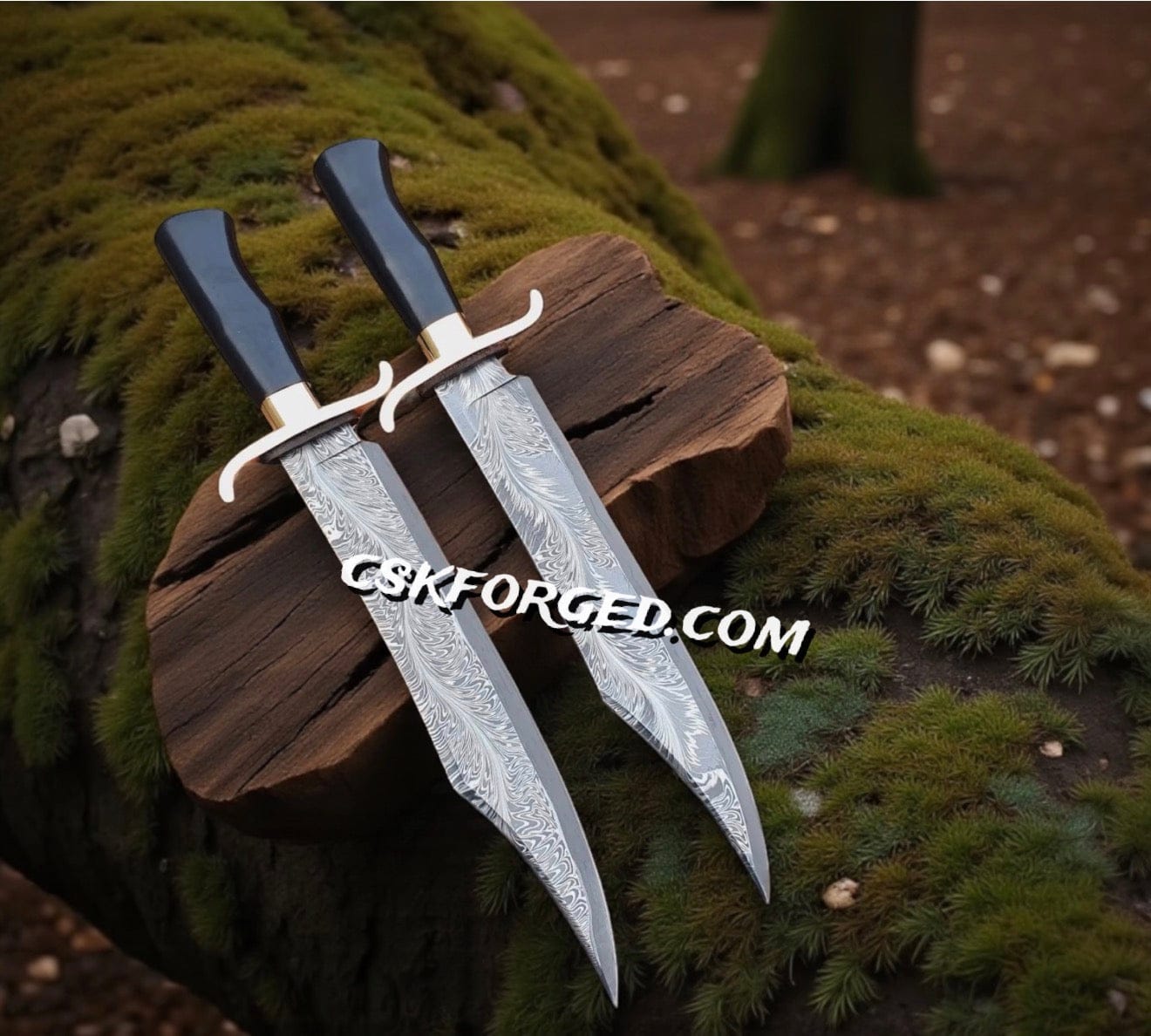 cskforged Dundee knife Alamo Musso Bowie Knife Set – Feather Damascus Steel Blades with Brass Guard & Micarta Handle | CSK Forged