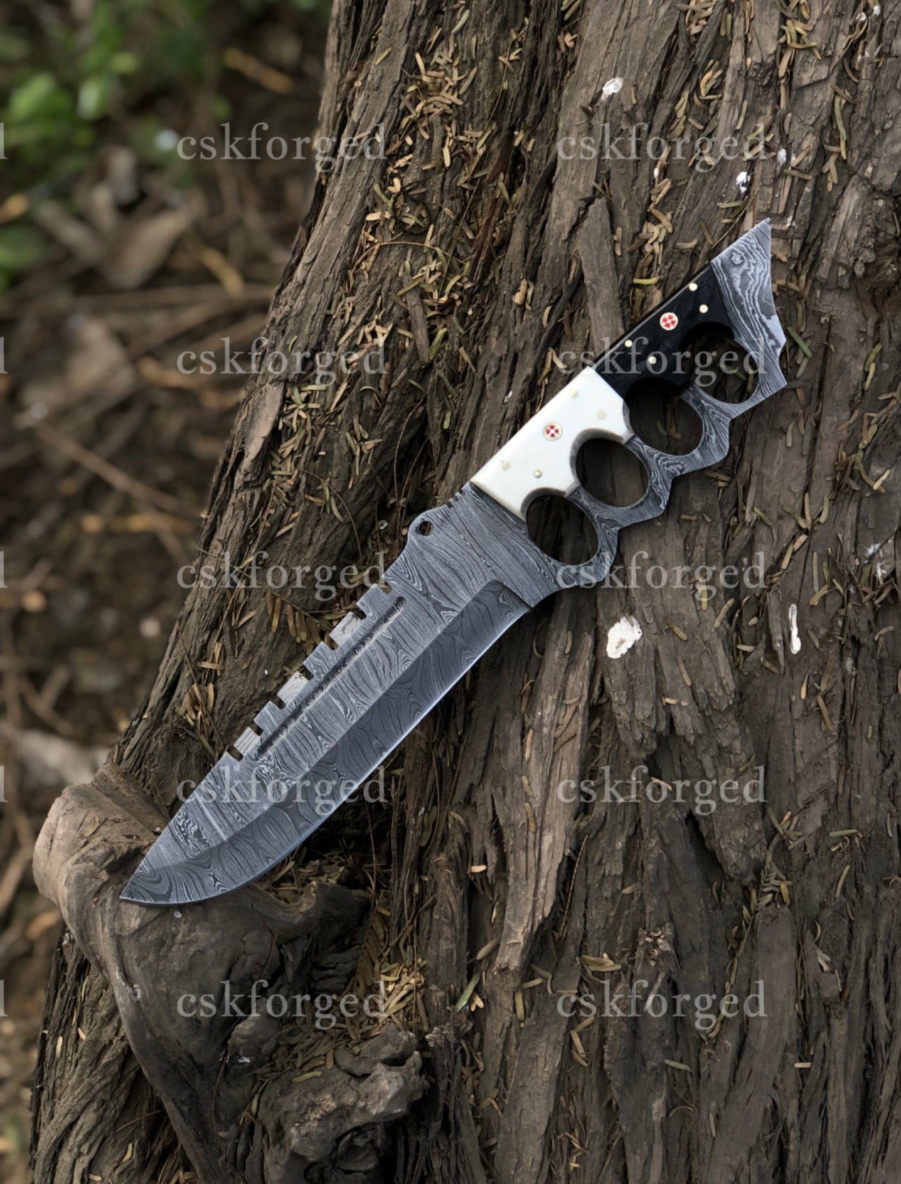 cskforged Dundee knife Black & White Edition Damascus Tactical Knuckle Camping Knife with Full Tang handle