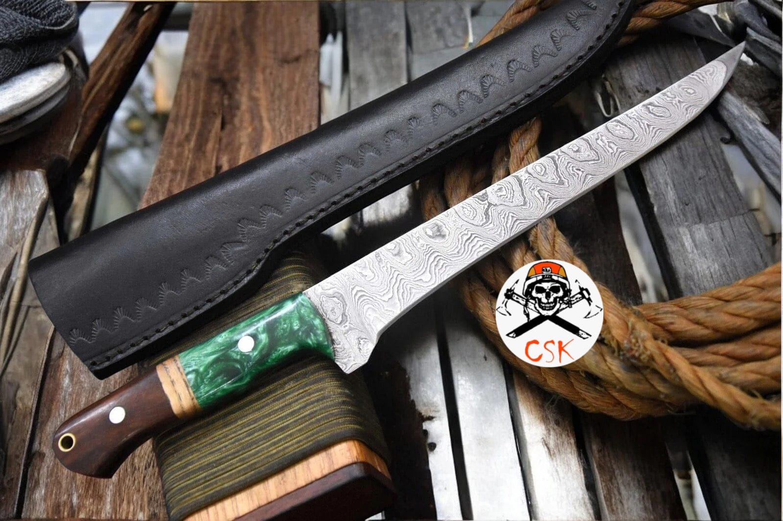 cskforged Fisher fillet Custom Hand Forged Damascus Steel Fillet Knife with Epoxy Resin & Rosewood Handle