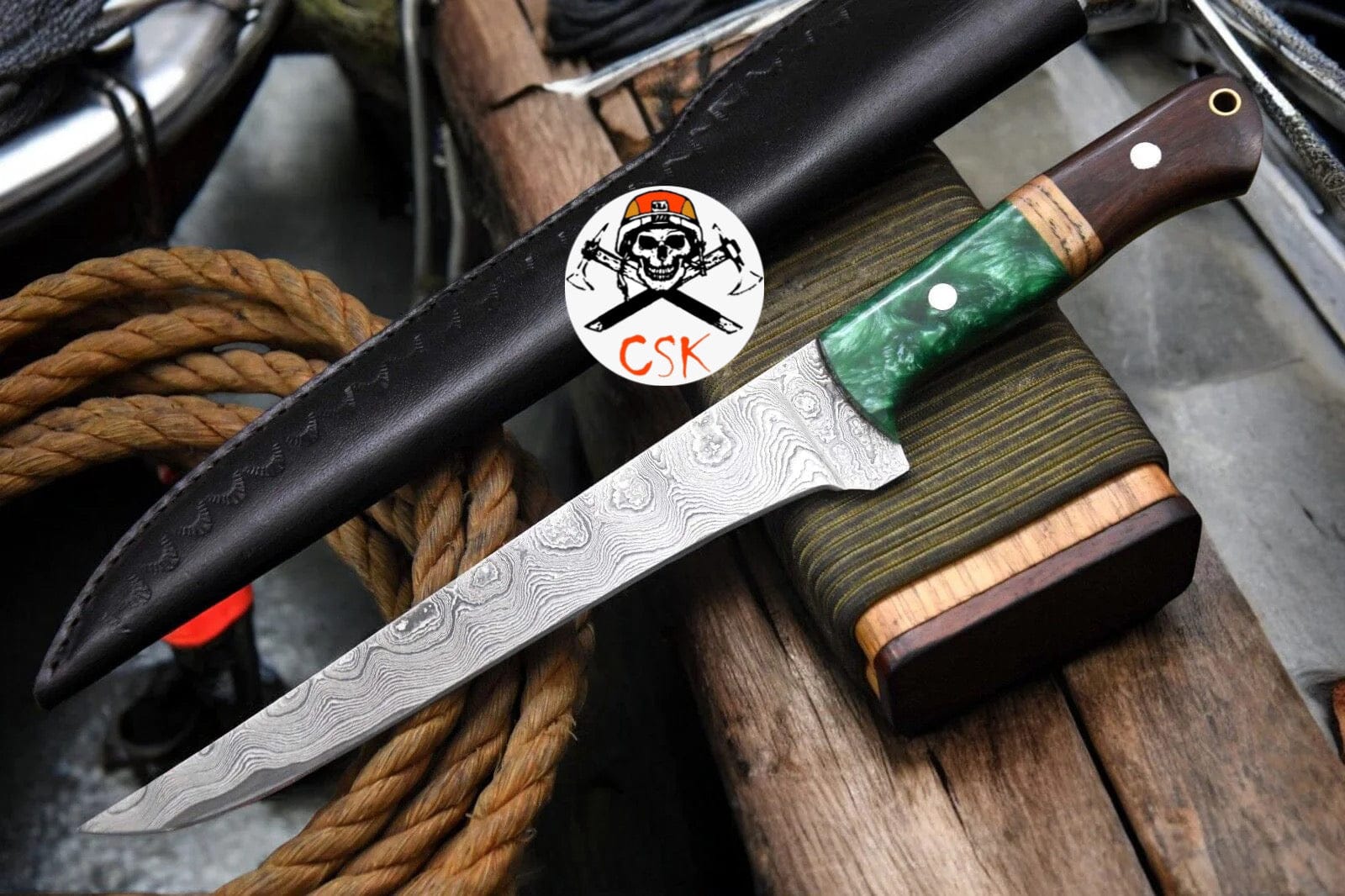cskforged Fisher fillet Custom Hand Forged Damascus Steel Fillet Knife with Epoxy Resin & Rosewood Handle