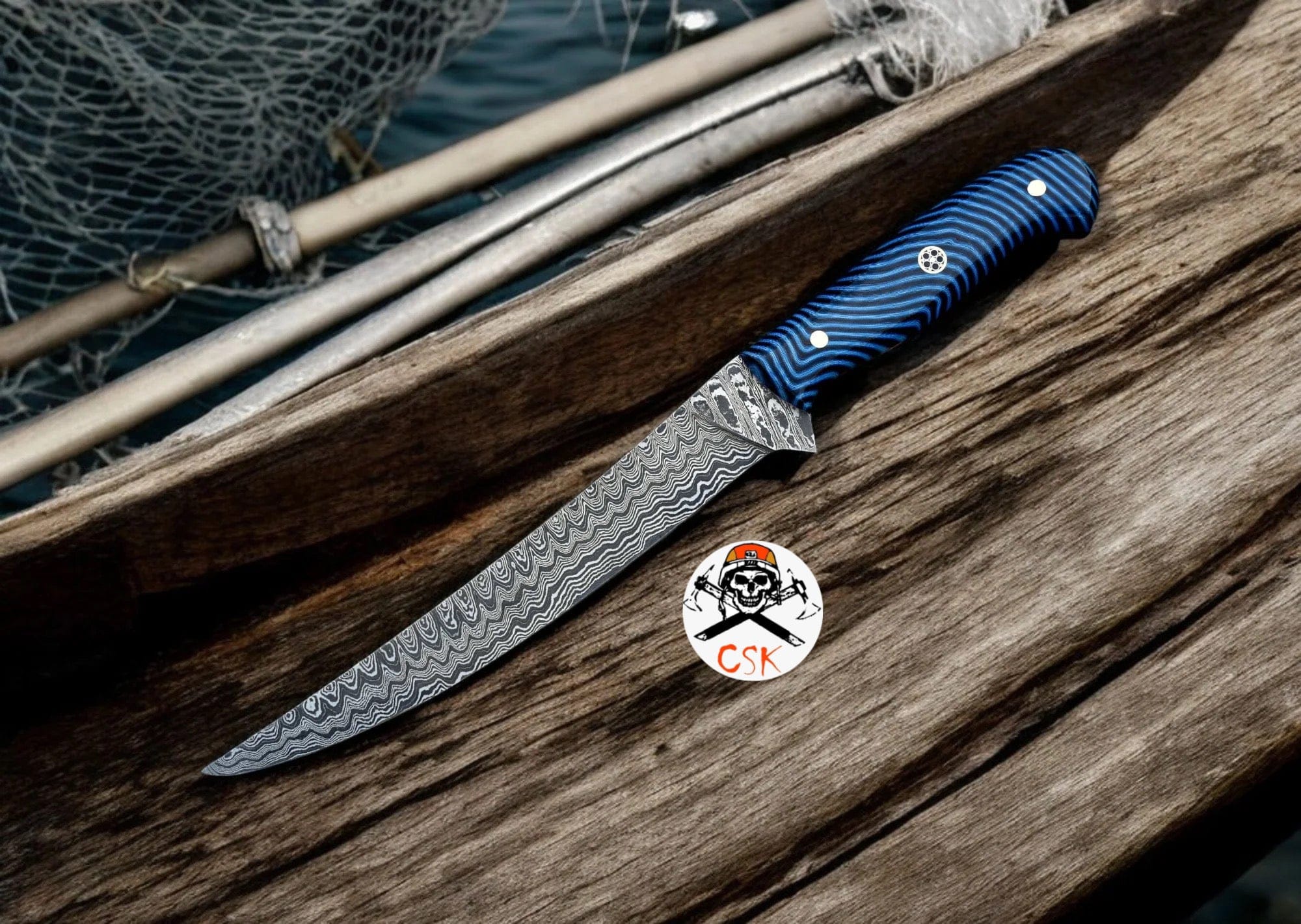 cskforged Fisher fillet Handmade Blue Resin Handle Damascus Steel Fillet Knife