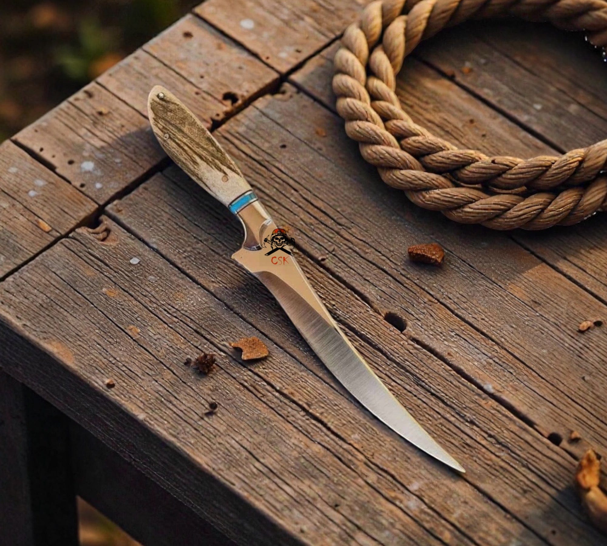 cskforged Fisher fillet Legendary Cowboy Western Fillet Knife – 13” D2 Steel Blade with Antler Handle & Turquoise Inlay