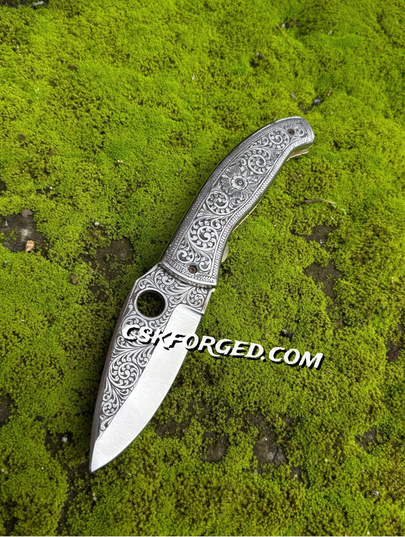 cskforged Hand-Engraved Pocket Knife With Leather Pouch