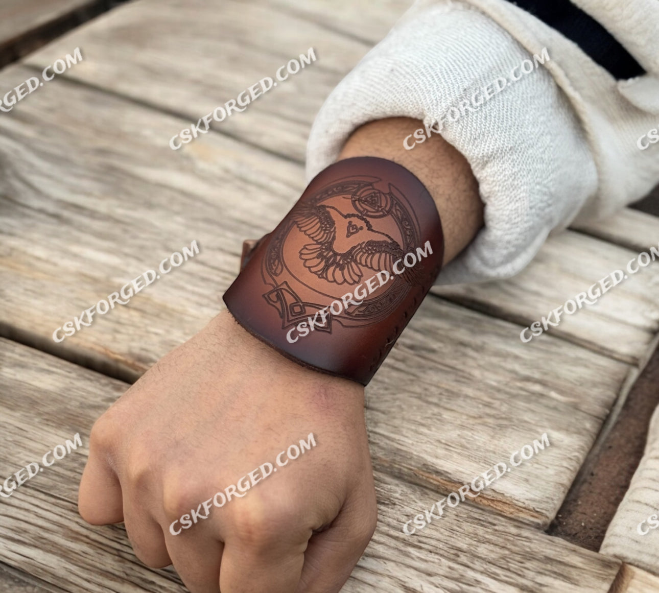 cskforged Handcrafted Viking Leather Cuff – Norse Raven Wristband | Medieval & Nordic Arm Guard